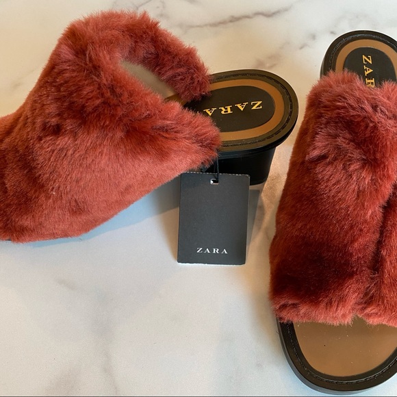 ZARA Faux Fur Block Heel Mule Brick Merlot Berry Maroon - Picture 5 of 9